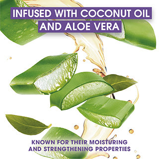 Aloe vera leaves with coconut oil being poured over them, labeled 'Infused with Coconut Oil and Aloe Vera'.