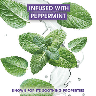 Mint leaves with water droplets and text 'Infused with Peppermint' and 'Known for its soothing properties'. - ABS France Wholesale 