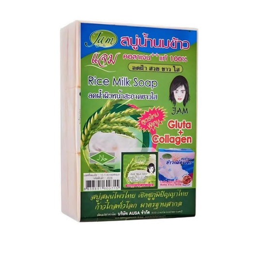 JAM - Rice Milk Soap packaging with green and blue design on a white background