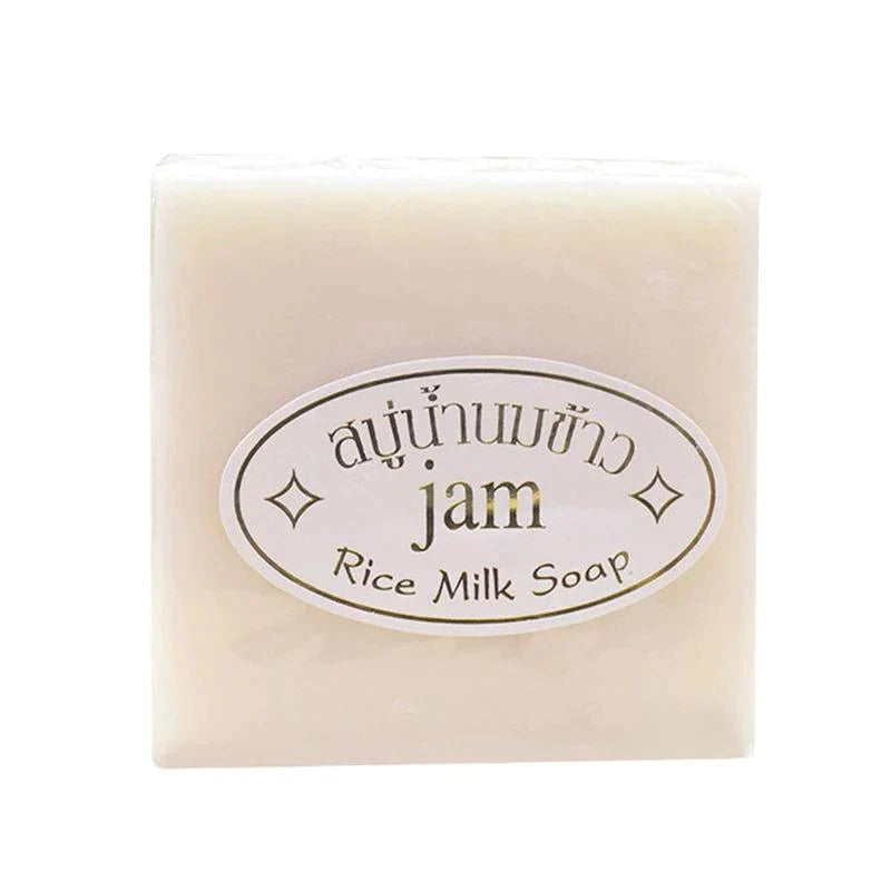 Bar of rice milk soap with 'jam' branding on a white background