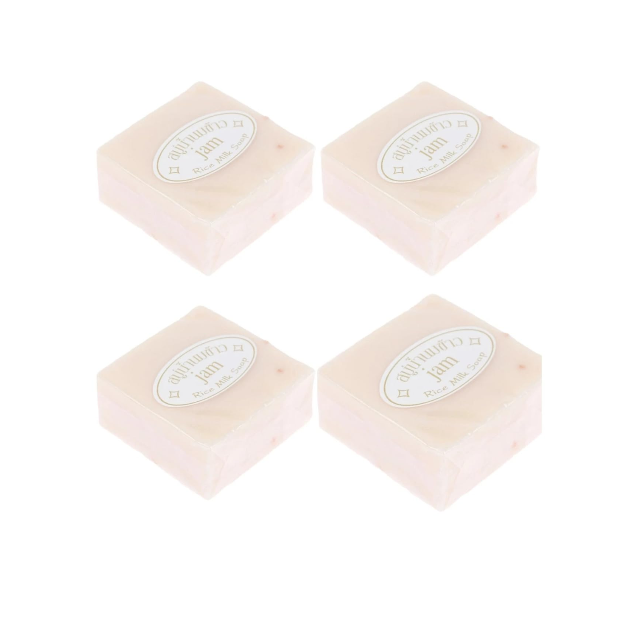 Four bars of JAM Rice Milk Soap with a visible brand label on a white background