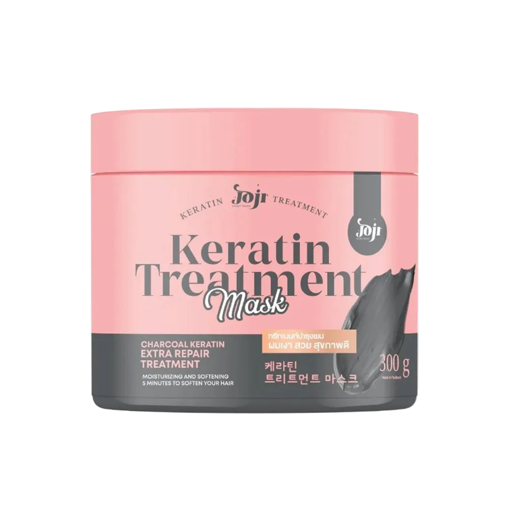 Keratin treatment mask container with pink and black design on a white background