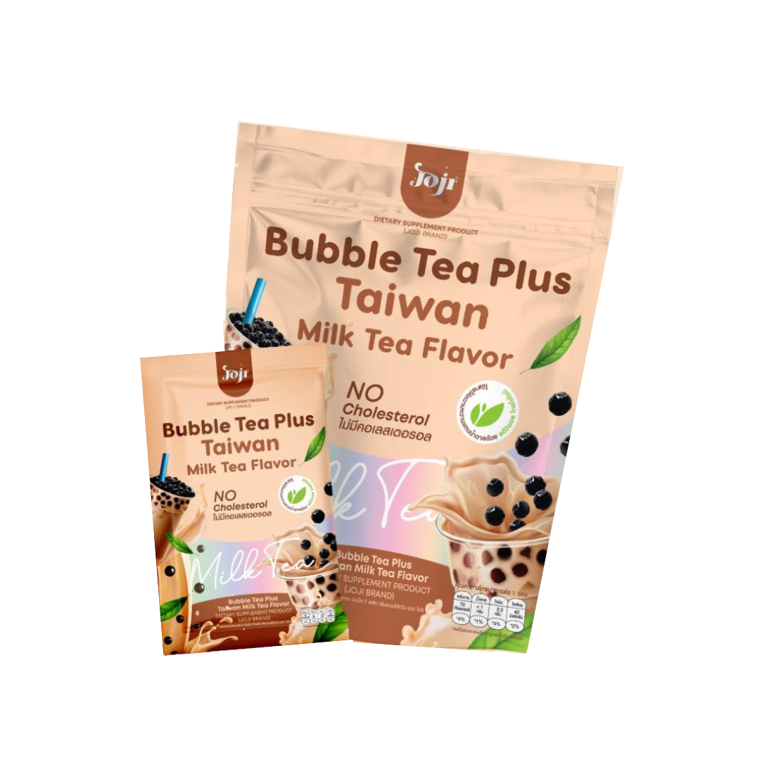 Packaging of Bubble Tea Plus Taiwan Milk Tea Flavor with Joji branding on a white background