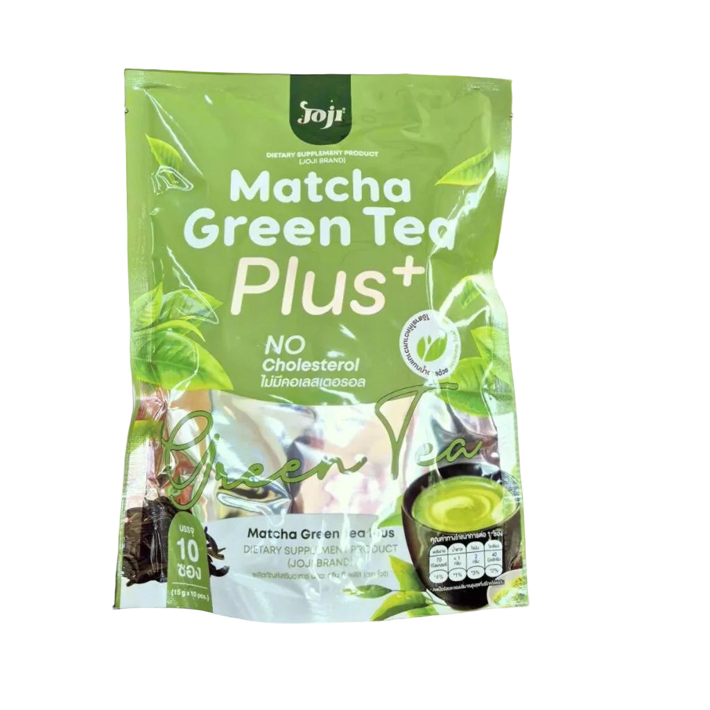 Matcha Green Tea Plus+ package on a wooden surface with a blurred green background