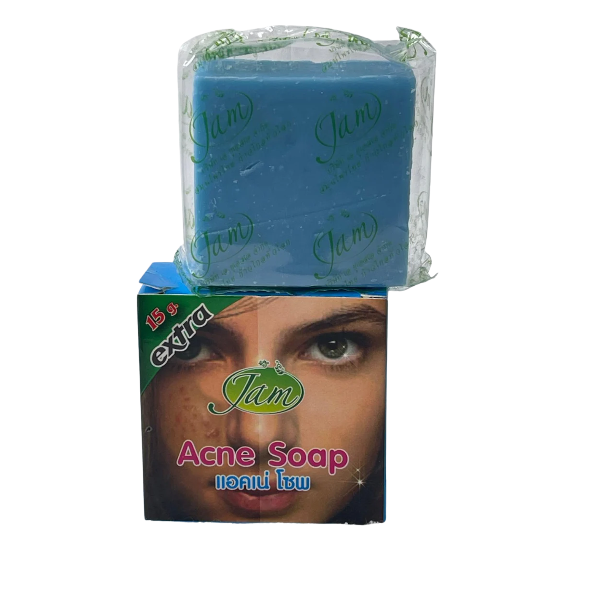 Blue bar of Jam Acne Soap with packaging featuring a woman's face on a white background