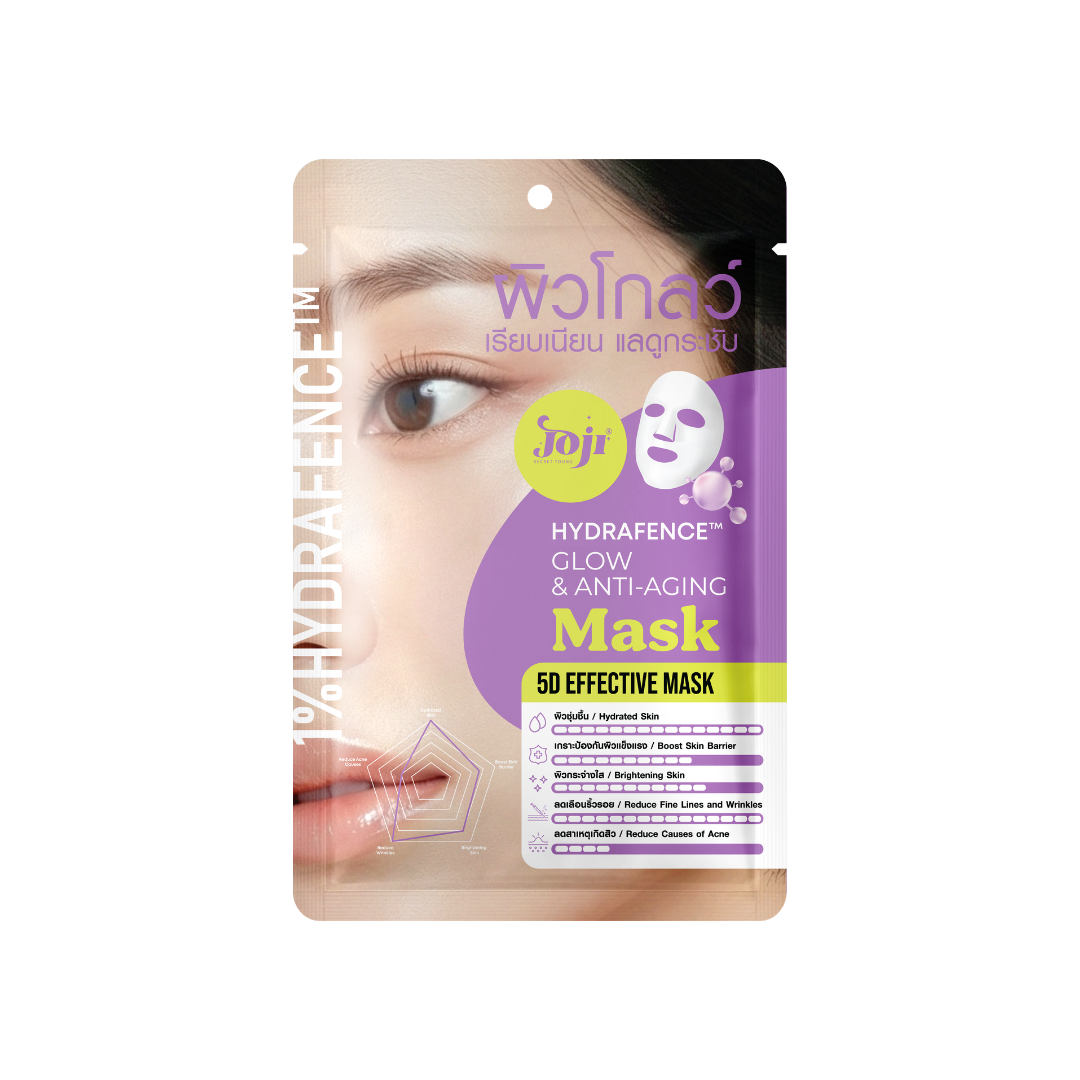 Joji Hydrafence Glow & Anti-Aging Mask packaging with a woman's face on a white background