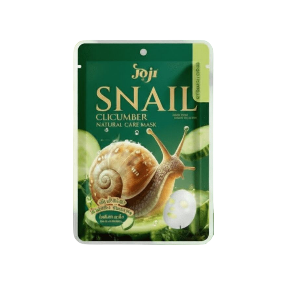 Snail and cucumber natural care mask packaging with 'joji' branding on a white background