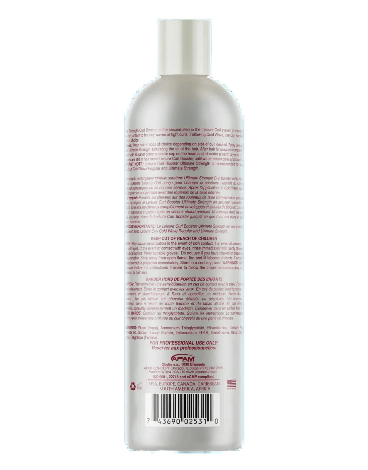 Backside of Leisure Curl Booster (Ultimate Strength) 473 mL bottle on a white background