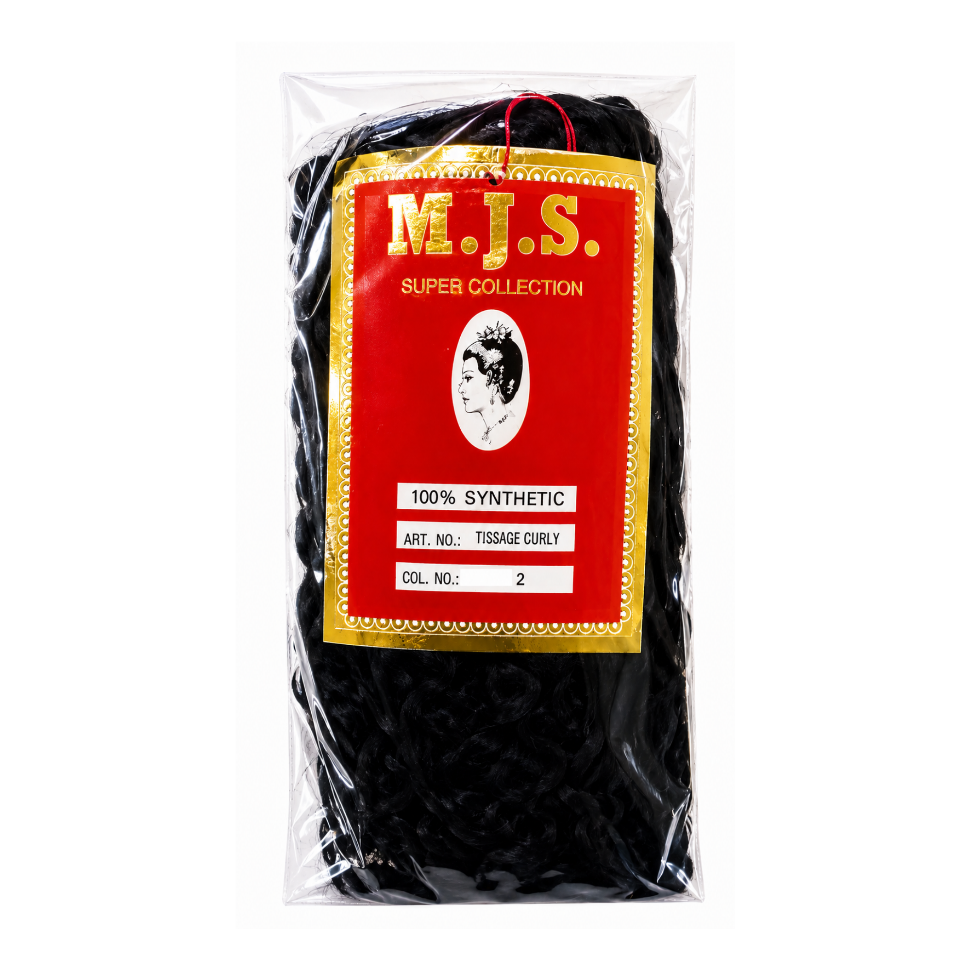 A packaged black synthetic tissue curl hair extension bundle in a clear plastic bag with a red and gold M.J.S. Super Collection Branding.