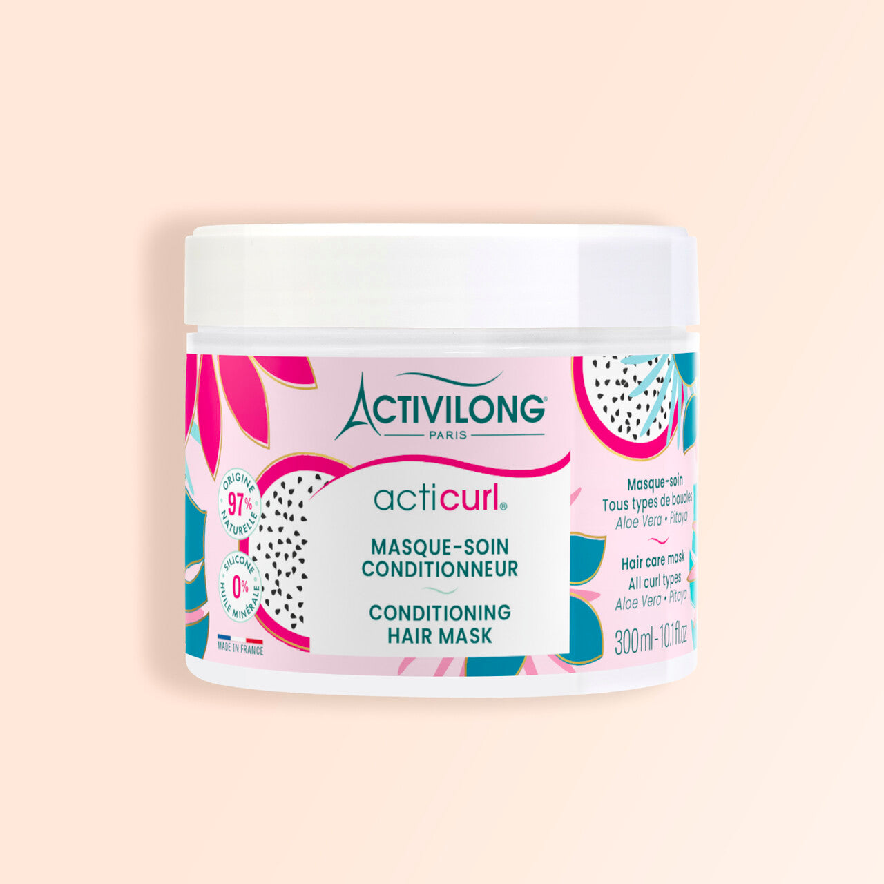 ACTIVILONG ACTICURL Masque 300ml jar by ABS France Wholesale on a beige background
