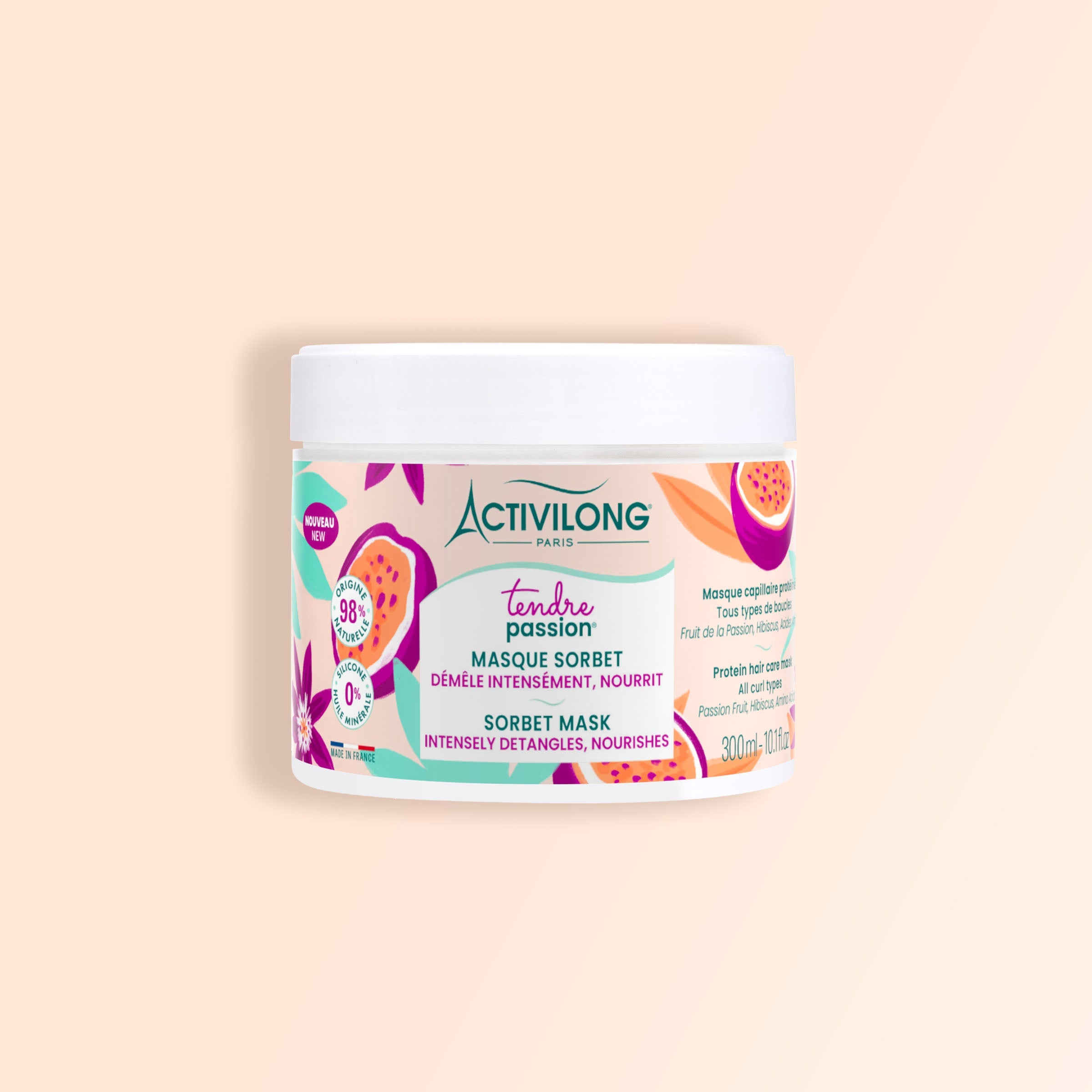ACTIVILONG TENDRE PASSION Masque Sorbet 300ml jar by ABS France Wholesale on a beige background