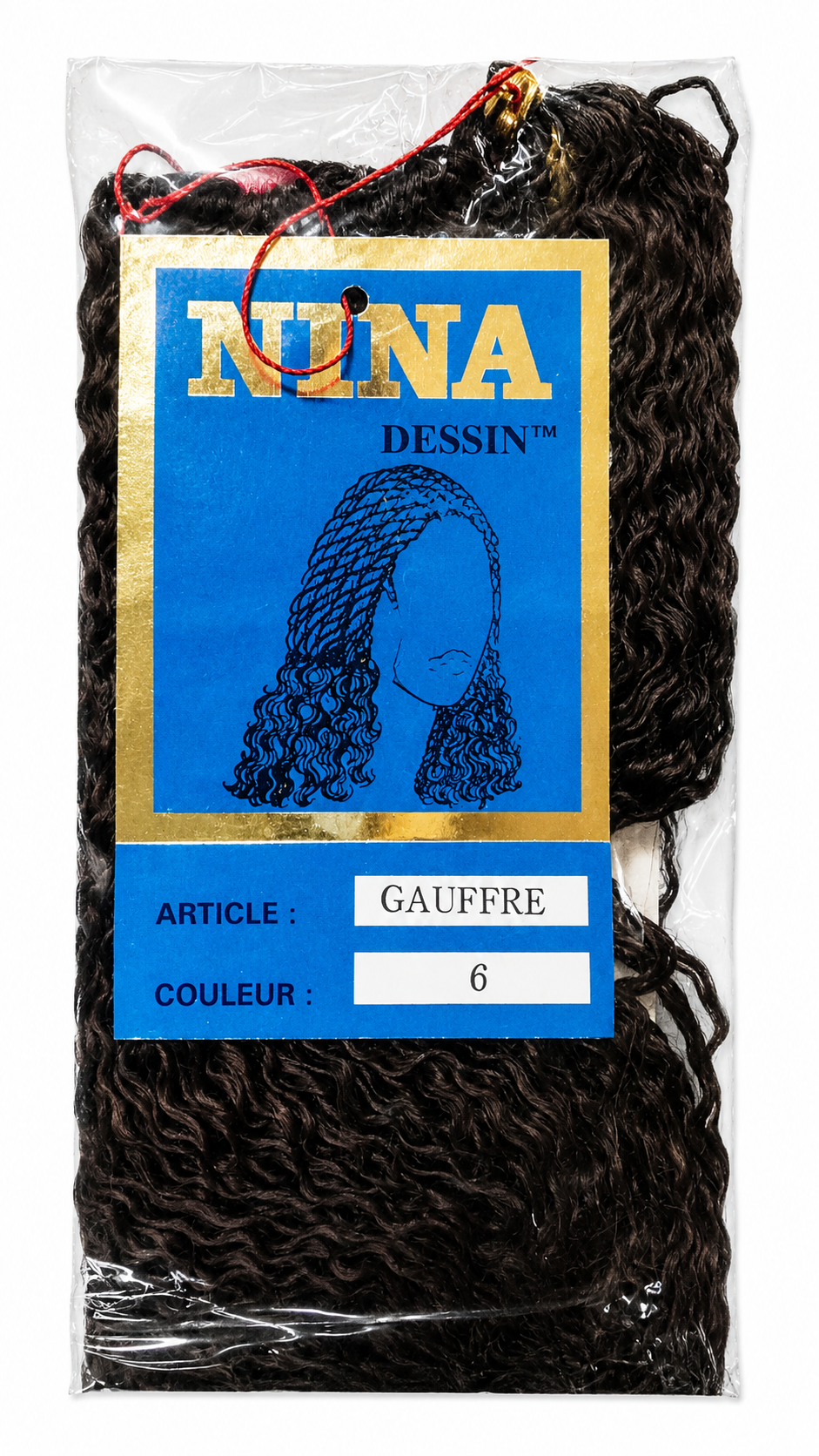 Packaged dark brown to black curly hair extension bundle with a blue and gold Nina Dessin label, labeled Gauffre style, Article 6.