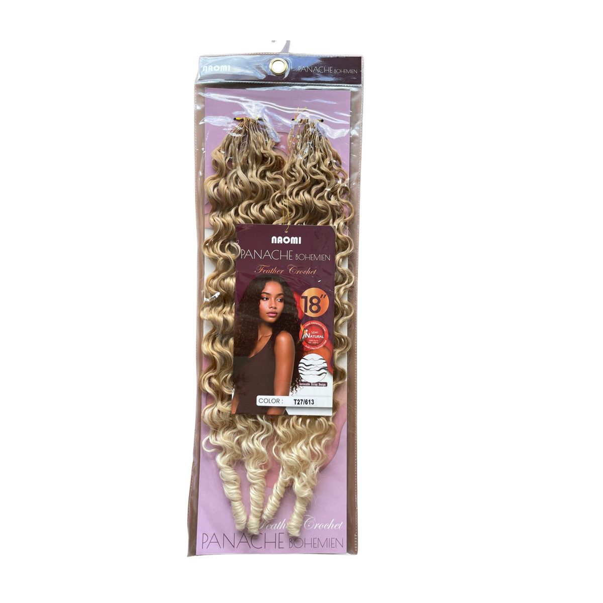 A package of two curly wig extensions in a light blonde shade, sealed in a clear plastic bag with a purple backing card and a central label. The brand name 'NAOMI' is visible at the top of the packaging.