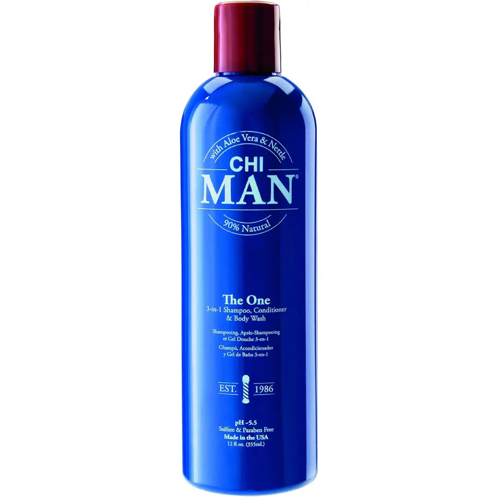 A blue bottle of Chi-Man The One 3-in-1 shampoo, conditioner, and body wash with a dark red cap, shown on a plain white background.
