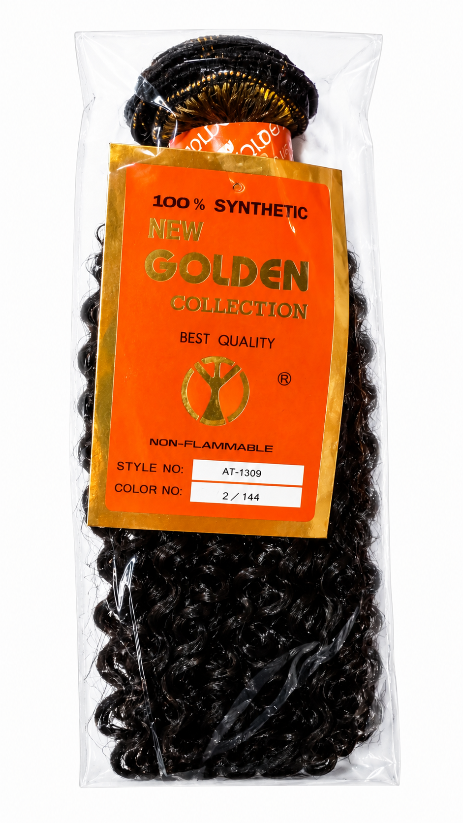 A packaged bundle of synthetic curly hair extensions in a clear plastic bag with a bright orange label reading 'New Golden Collection' and '100% Synthetic'.