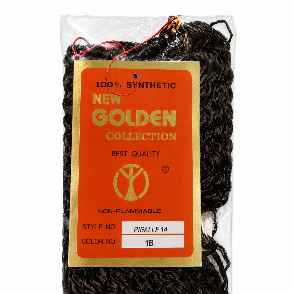 A packaged bundle of black synthetic braiding yarn or rope from the Golden Collection, featuring a prominent orange and gold label with the text 'NEW GOLDEN COLLECTION' and 'Pigalle 14'.