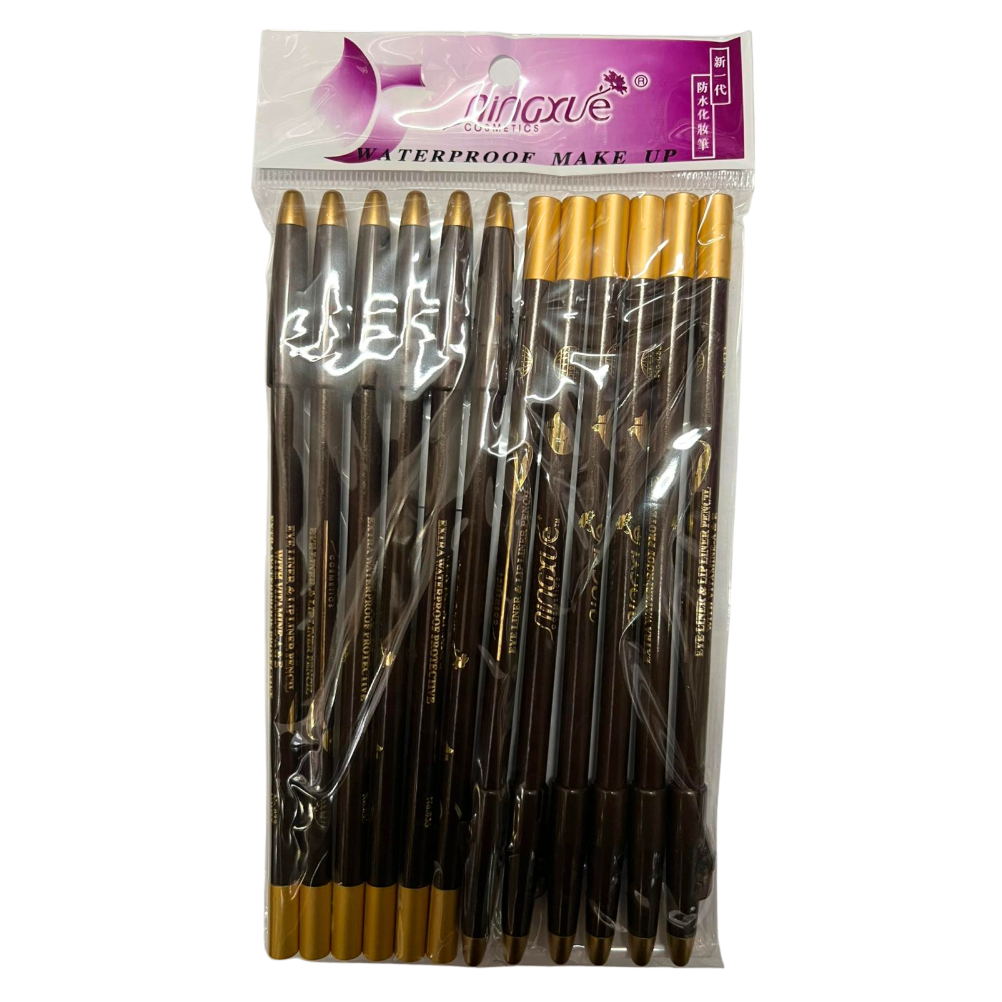 A pack of nine black waterproof makeup pencils with gold tips and gold accents, sealed in clear plastic packaging with a purple and white header card. The brand name 'Anaxie' is visible on the packaging.
