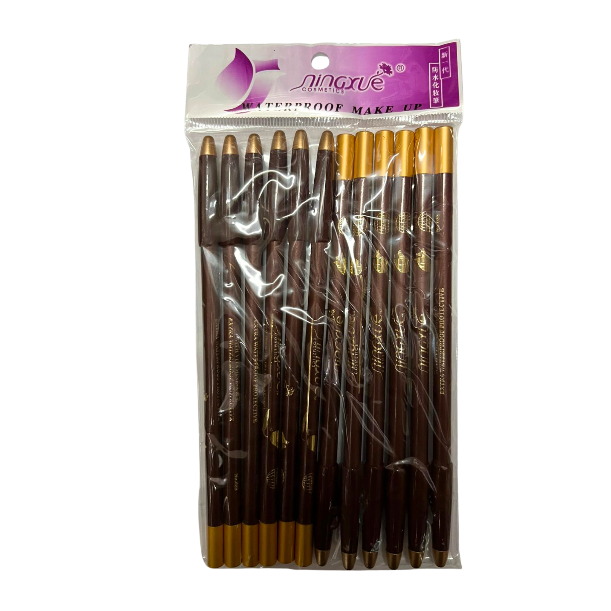 A 10-pack of Nianqve waterproof makeup pencils in a clear plastic bag with a purple and white header card. The pencils have dark brown bodies with metallic gold tips and ferrules.