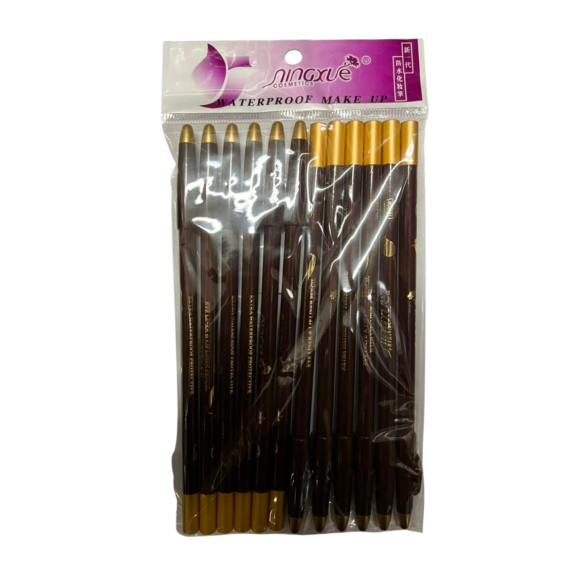 A pack of ten dark brown waterproof makeup pencils with gold ferrules and caps, sealed in a clear plastic bag with a purple and white header card. The brand name 'Linxue' is visible on the packaging.