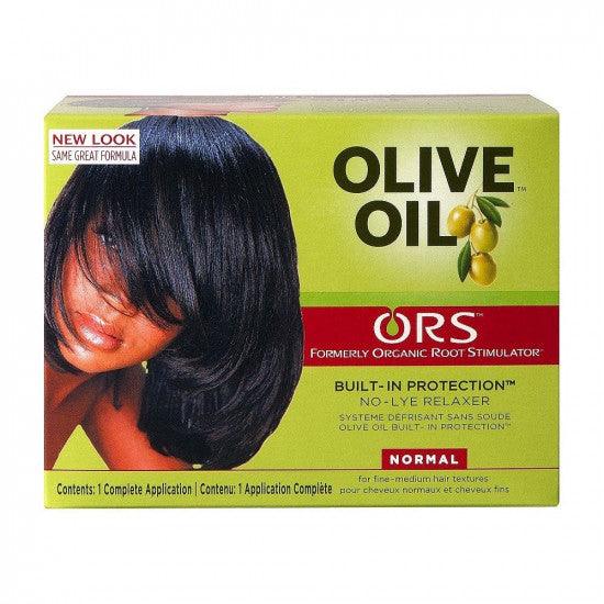 A box of ORS Olive Oil Relaxer Kit with a picture of a woman showcasing the product. The box is green and white with text detailing the product's use and ingredients, specifically olive oil.