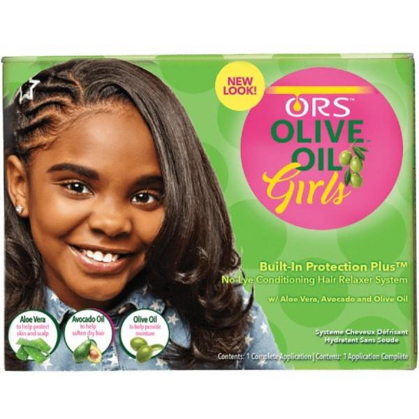 Packaging for ORS Olive Oil Girls No-Lye Conditioning Relaxer System, featuring a young girl with a cheerful expression.