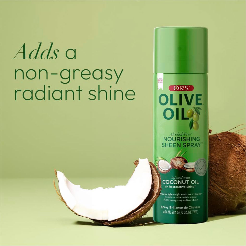ORS Olive Oil Nourishing Sheen Spray with coconut on a green background