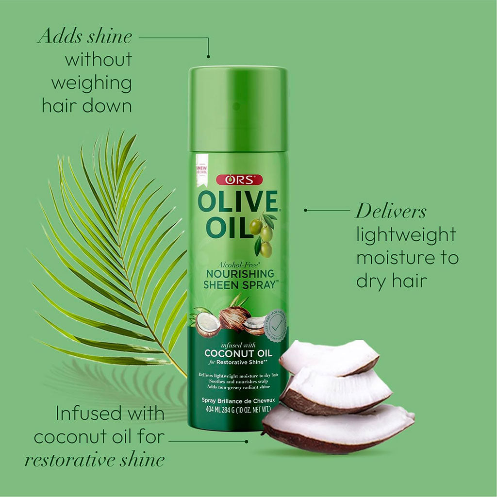 ORS Olive Oil Nourishing Sheen Spray with coconut slices and text on a green background