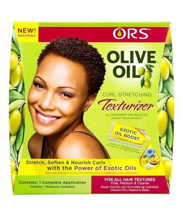 Packaging of ORS Olive Oil Curl Stretching Texturizer featuring a smiling woman with short curly hair and olive branches.