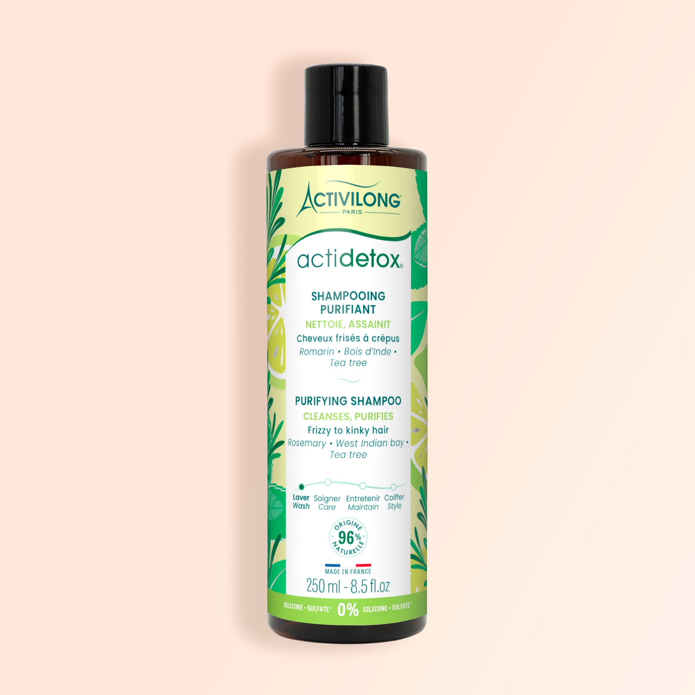 Activilong ActiDetox purifying shampoo bottle by ABS France Wholesale on a beige background