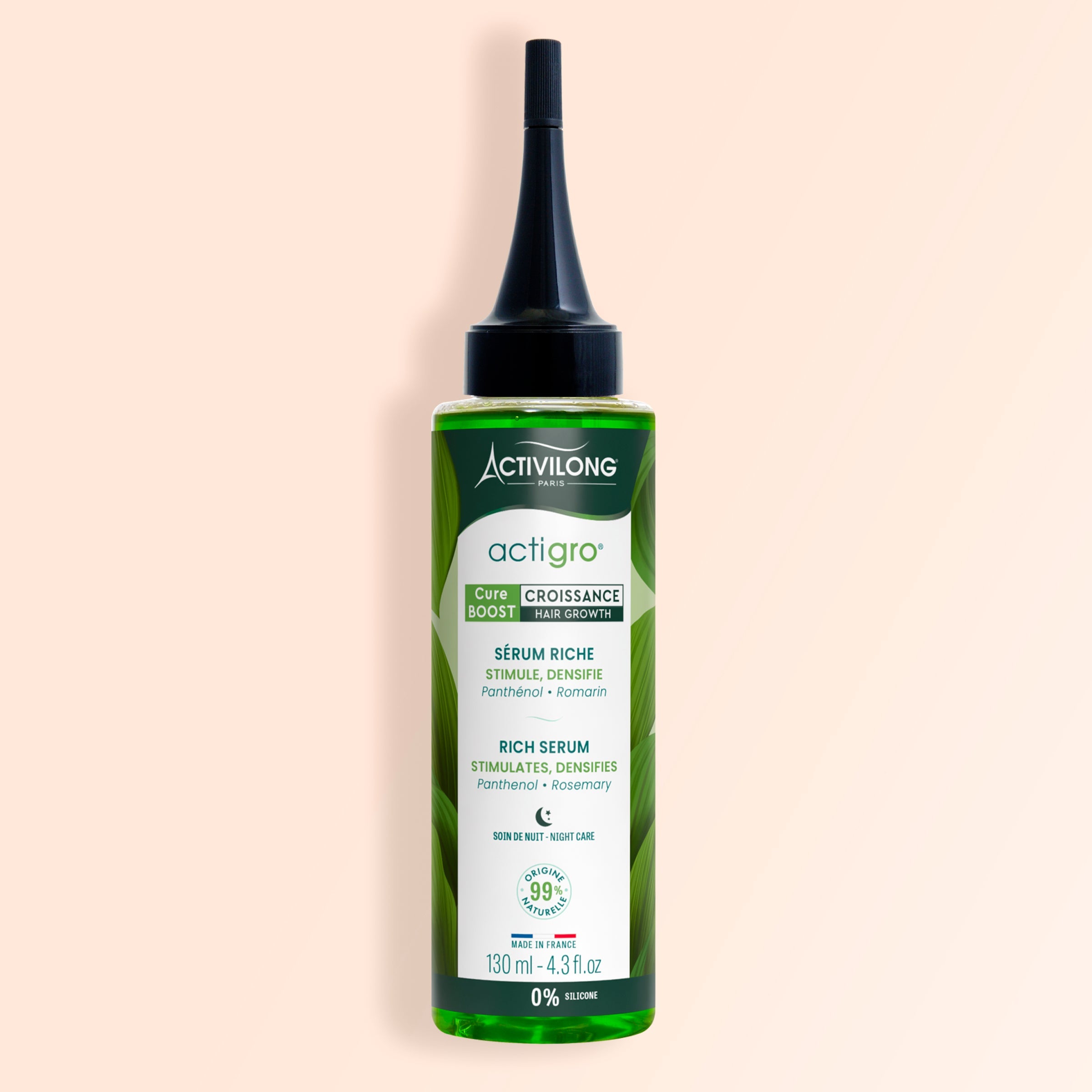 ACTIVILONG ACTIGRO Sérum Riche 130 ml bottle by ABS France Wholesale on a beige background
