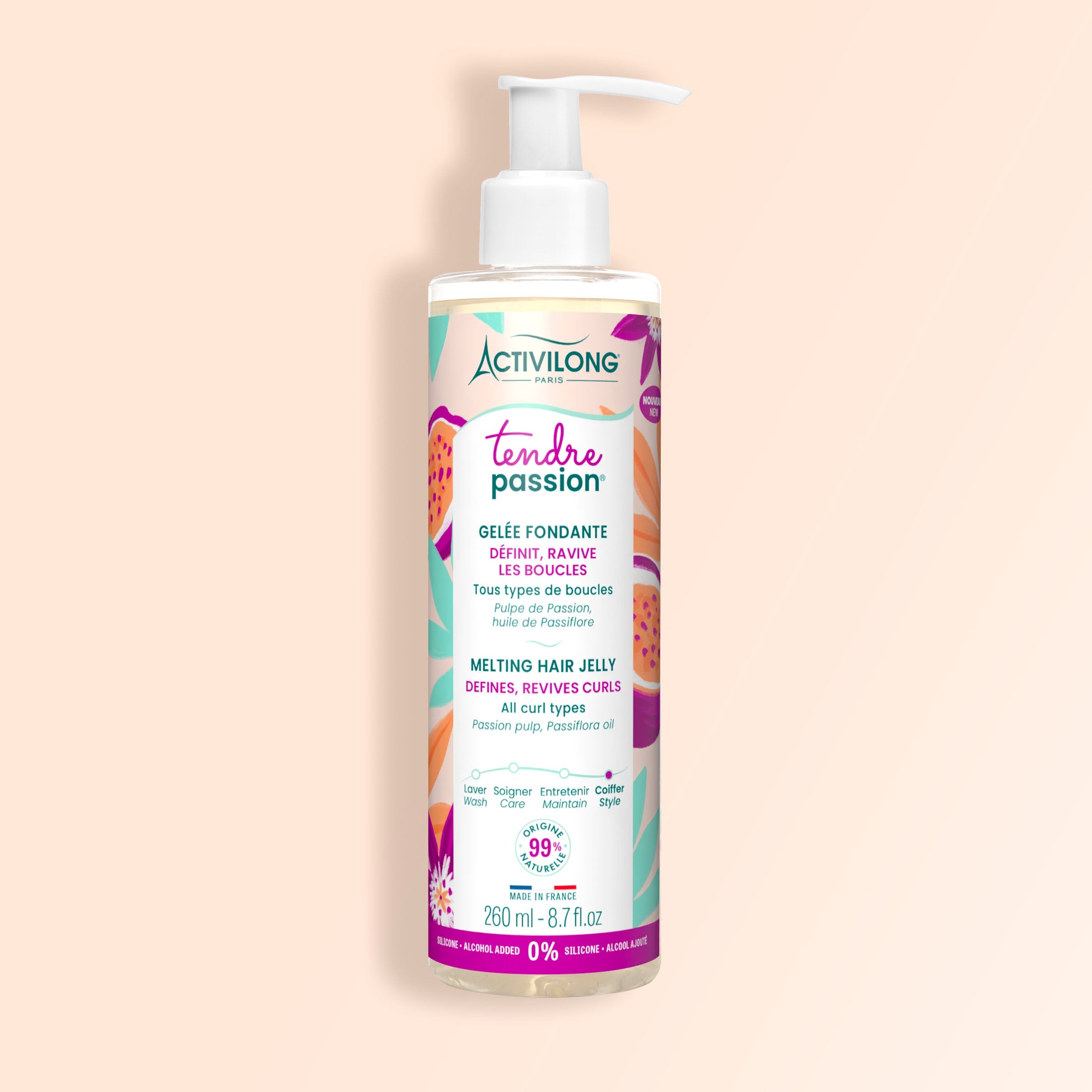 Bottle of ACTIVILONG TENDRE PASSION Gelée Fondante 260ml by ABS France Wholesale on a beige background