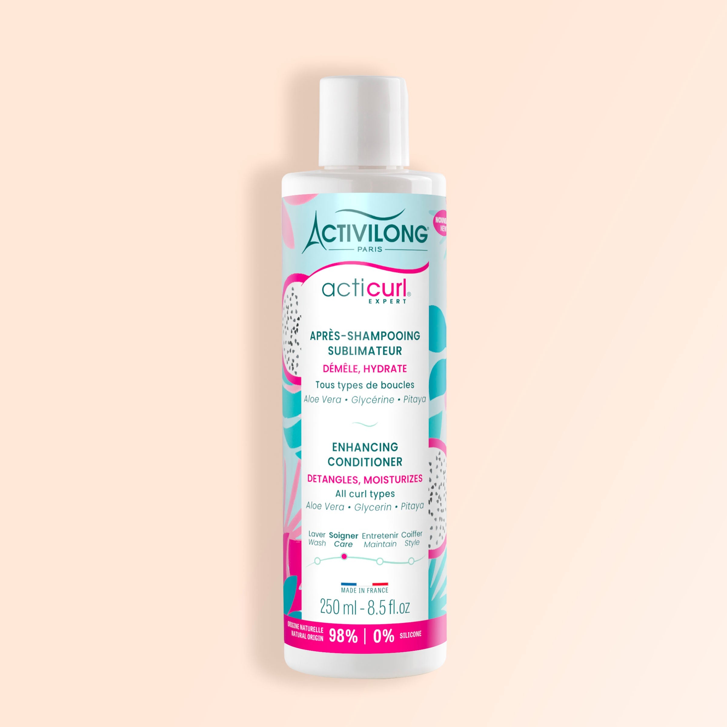 ACTIVILONG ACTICURL EXPERT Après-Shampoing 250ml bottle by ABS France Wholesale on a beige background