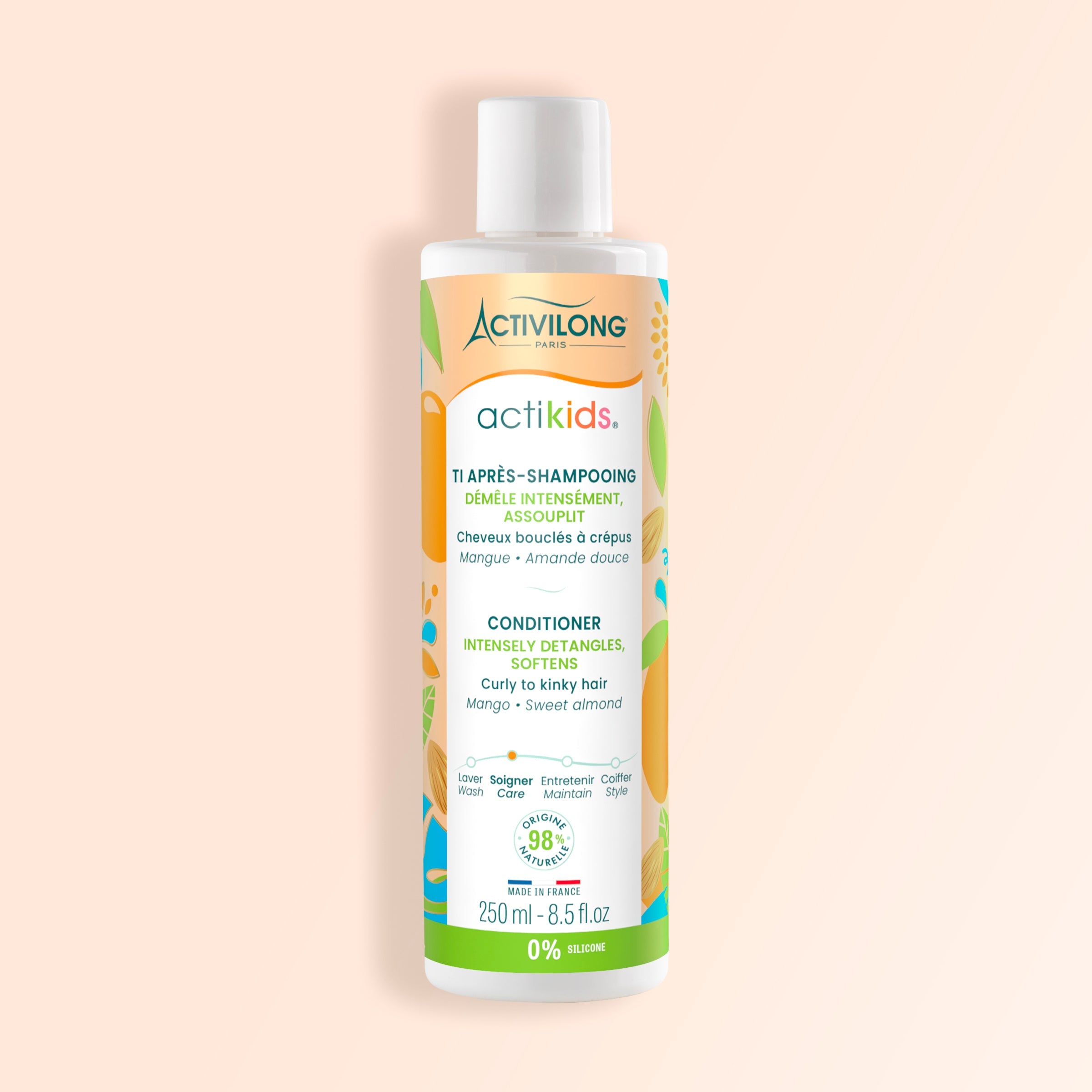 Activilong Actikids conditioner bottle by ABS France Wholesale on a beige background