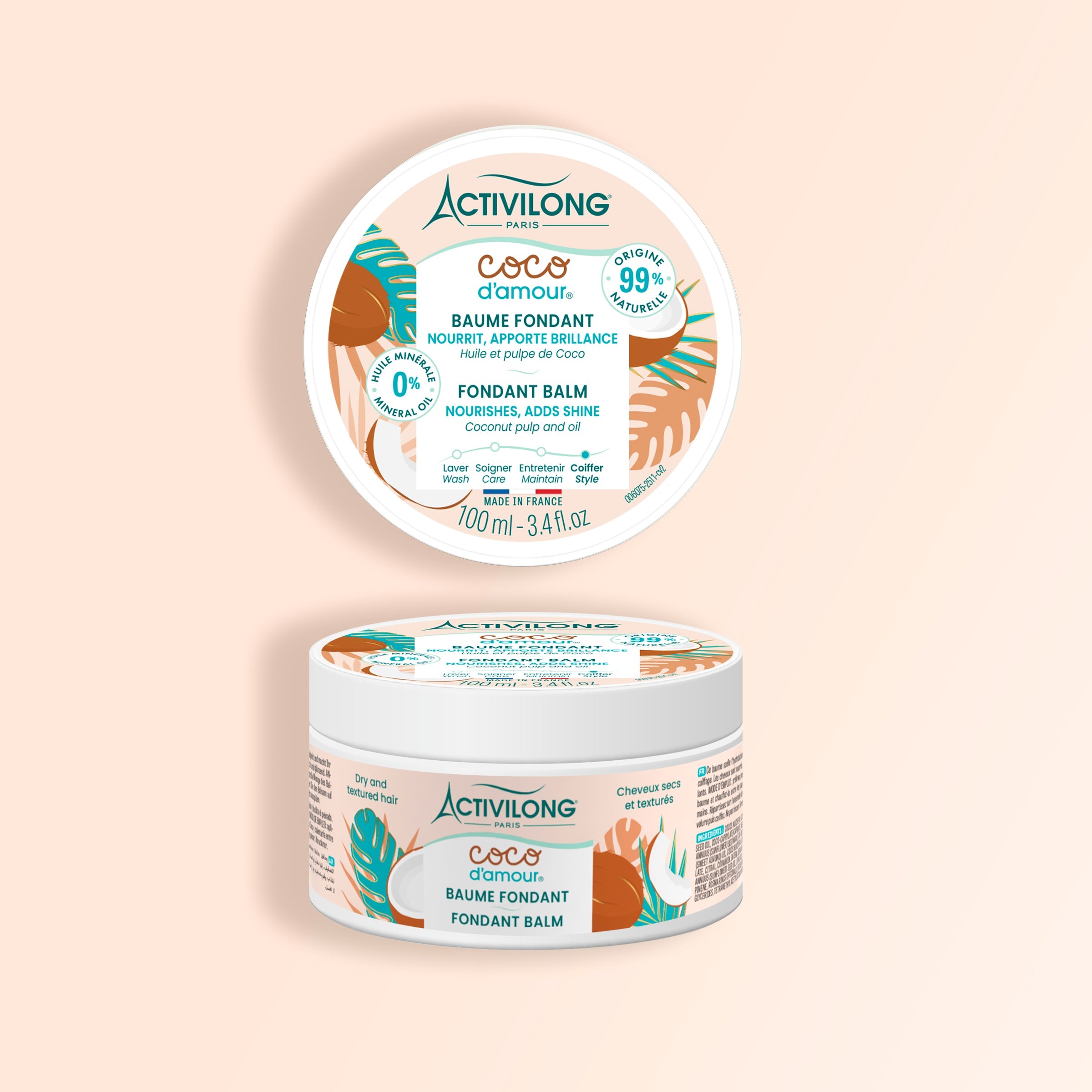 Packshot of a container of ACTIVILONG COCO D’AMOUR Baume Coiffant Fondant 100ml by ABS France Wholesale on a beige background