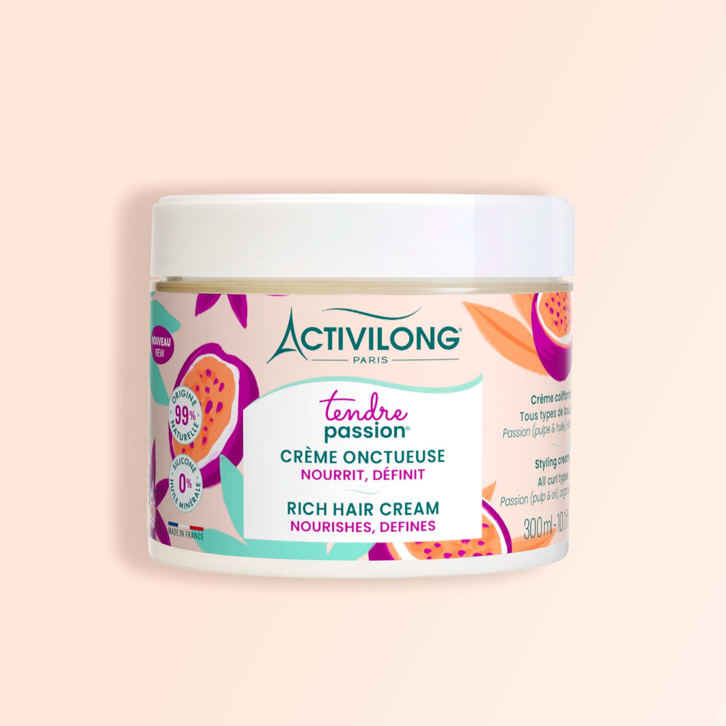 ACTIVILONG TENDRE PASSION Crème Onctueuse 300ml jar by ABS France Wholesale on a beige background