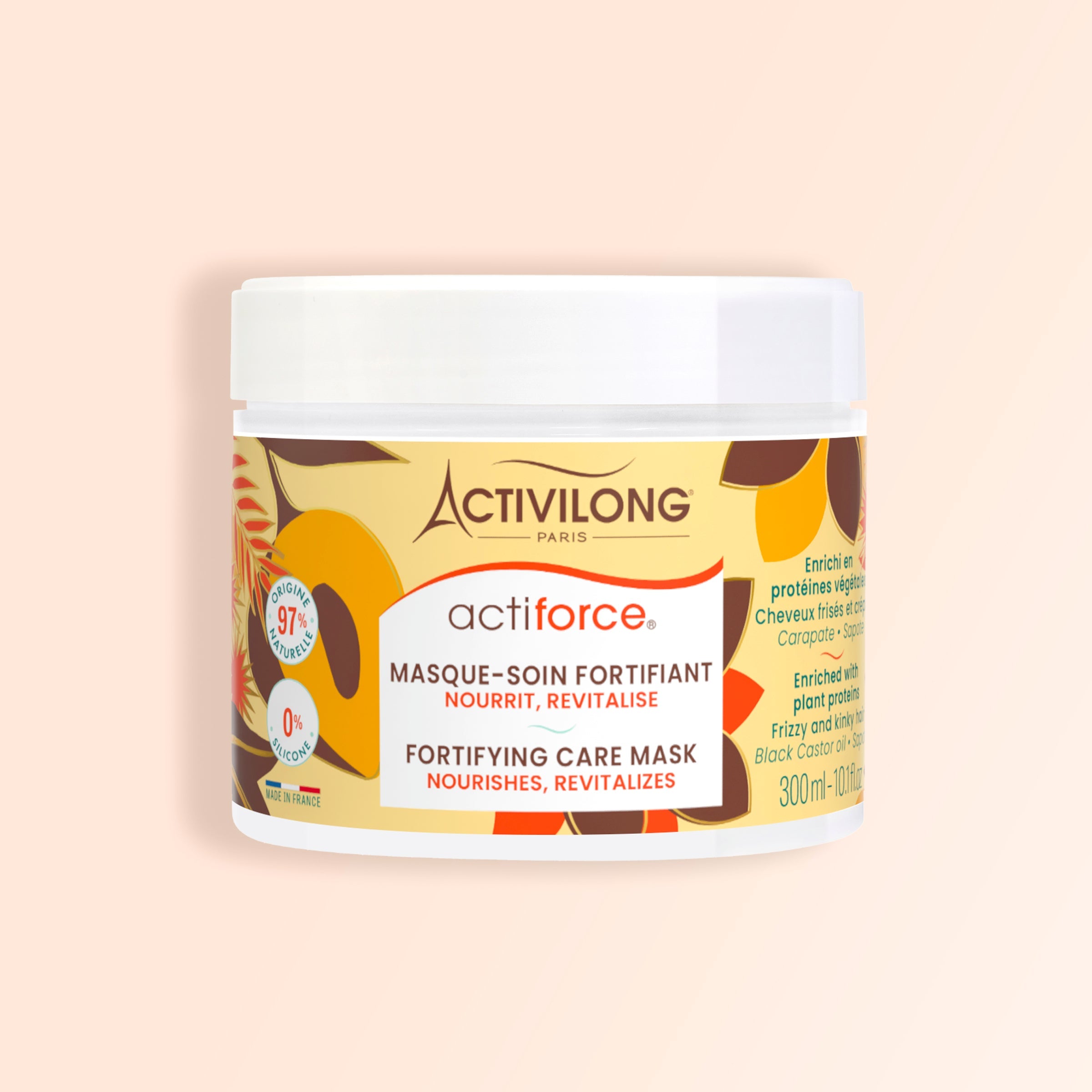 Activilong actiforce fortifying Hair care mask jar by ABS France Wholesale on a beige background