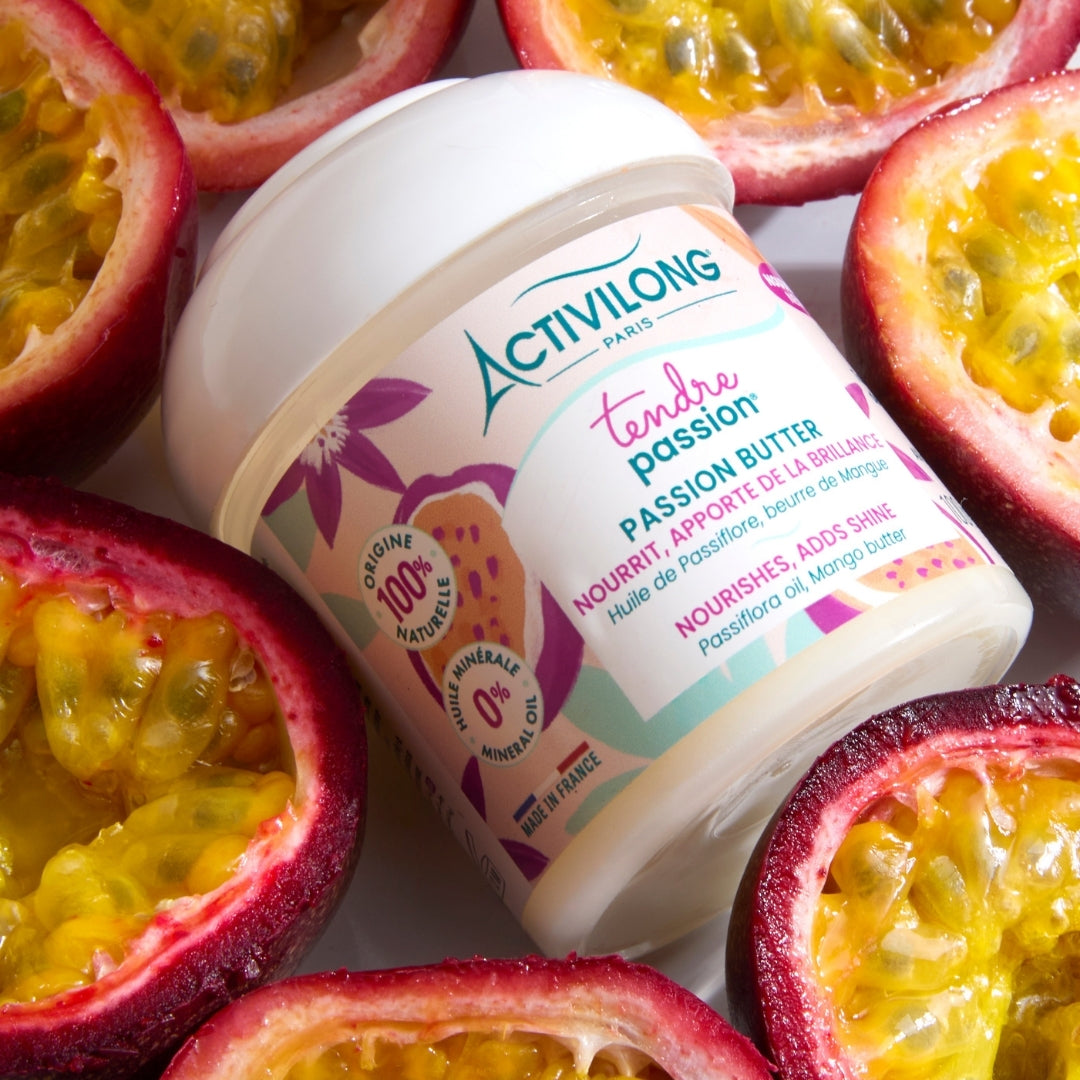 ACTIVILONG TENDRE PASSION Passion Butter 100ml Container by ABS France Wholesale surrounded by passion fruit halves