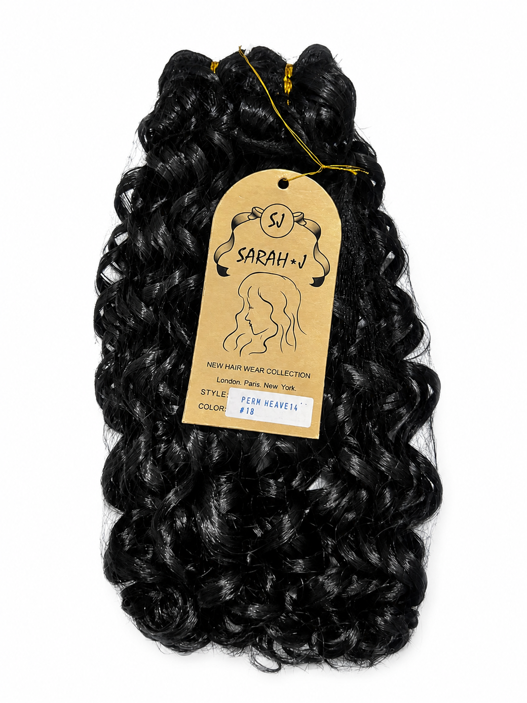 Three bundles of black curly human hair weaves with a gold paper hangtag, displayed on a solid white background.