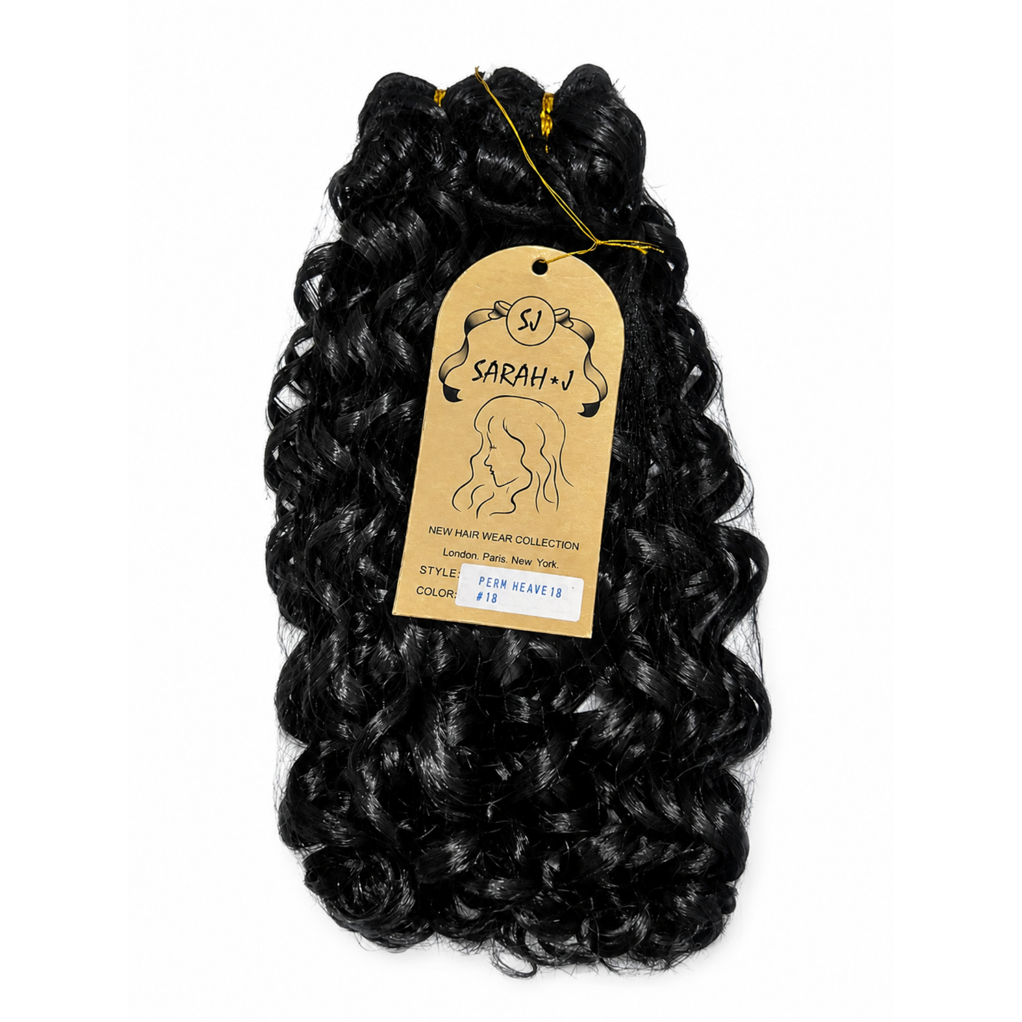 Three bundles of black curly hair weave extensions with a paper tag attached, displayed on a solid white background.