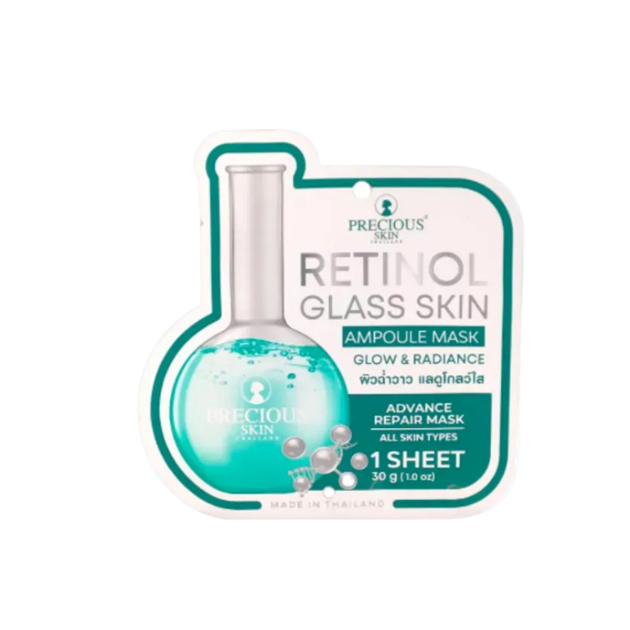 Retinol glass skin ampoule mask packaging with blue liquid design on a white background