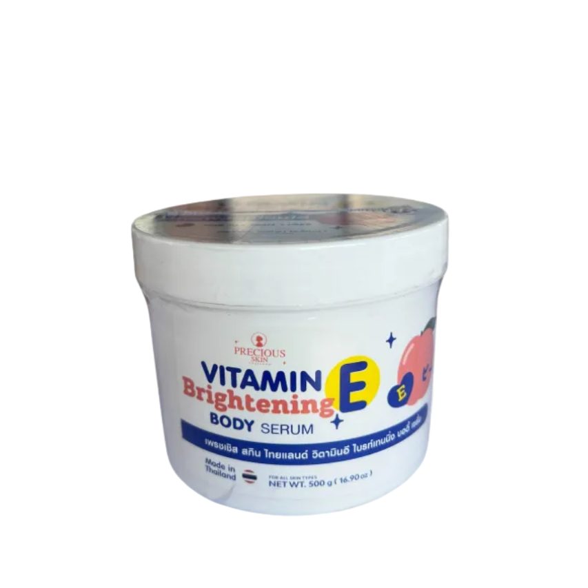 Vitamin E brightening serum container with 'Precious Skin' branding on a white background.