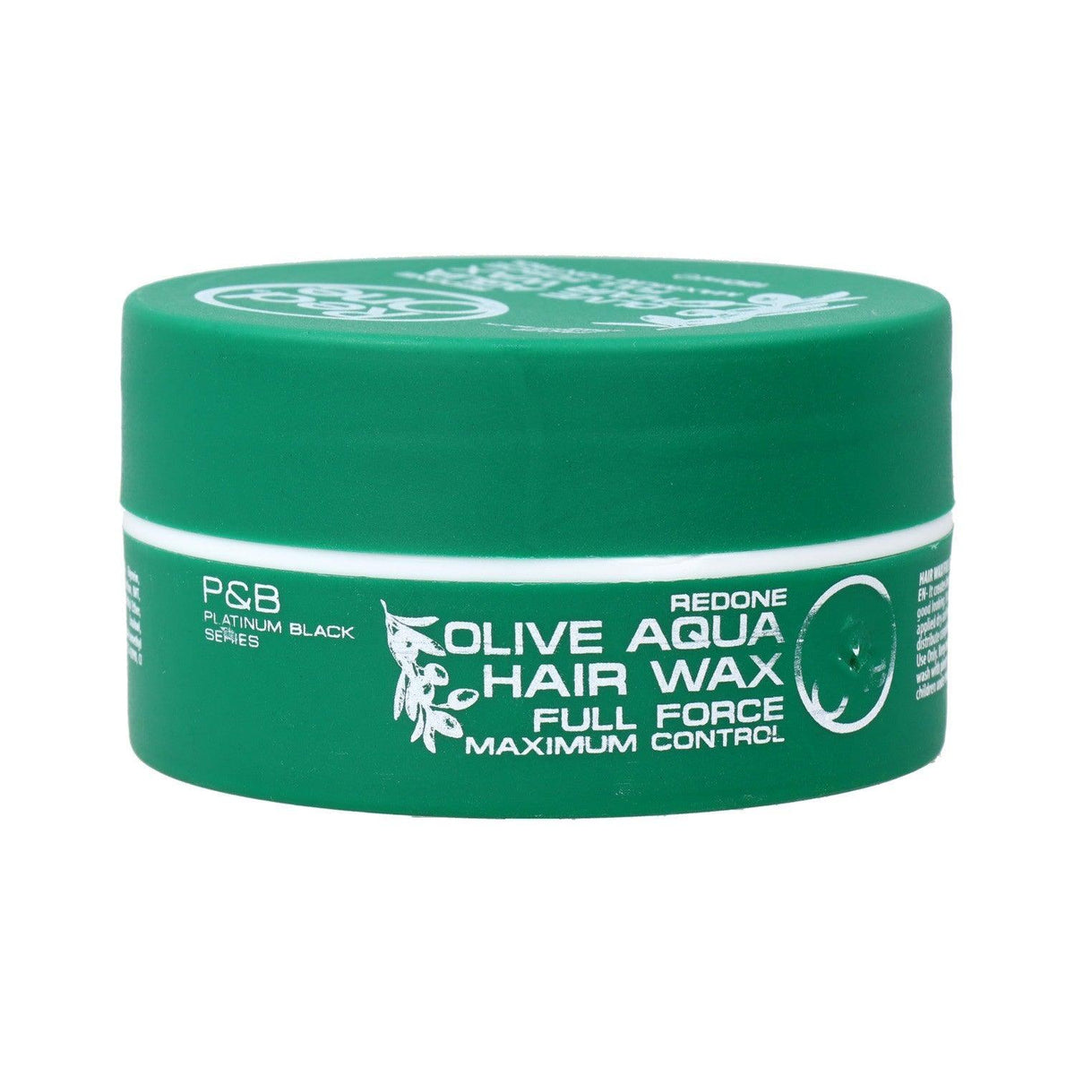 A container of Red One Olive Aqua Hair Wax with a green lid and label, indicating maximum control and herb scent.