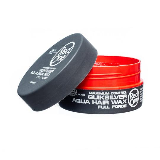 A container of Redone QUICKSILVER Aqua Hair Wax with its lid off, showing the product inside. The container is red with a black lid, and it's labeled for maximum control with a hint of the Cologne fragrance.