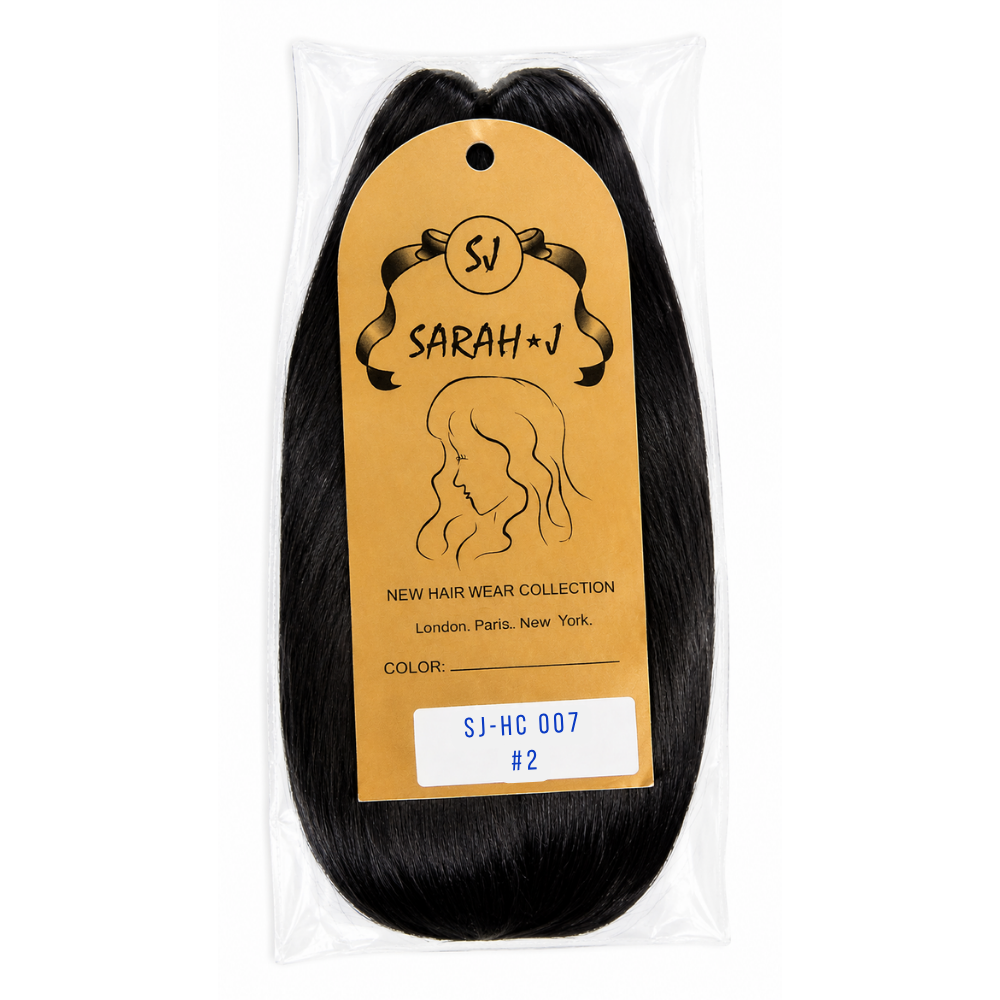 A packaged bundle of black hair extensions in a clear plastic bag with a tan paper label. The label reads 'SJ SARAH+J' and shows the product code 'SJ-HC 007' and color '#2'.