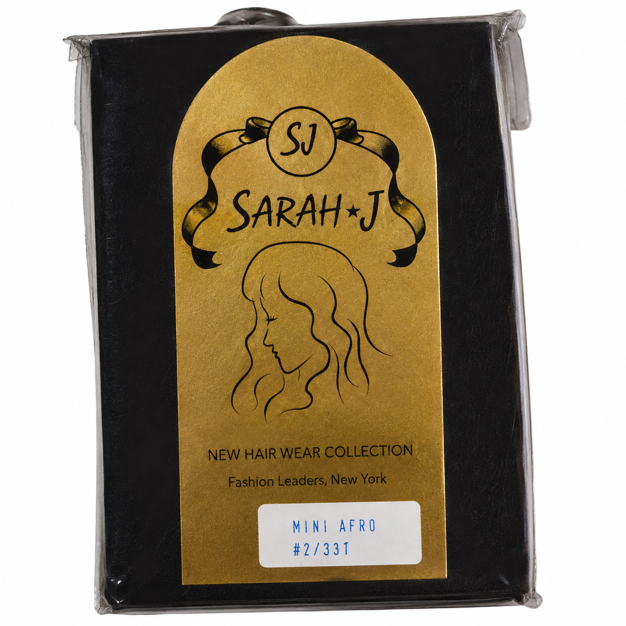 A packaged hair extension product in a black rectangular box with a large gold label. The label shows the brand name Sarah J, a stylized hair silhouette, and text reading 'New Hair Wear Collection' and 'Mini Afro #2/33T'.