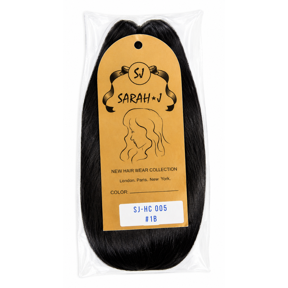 A package of black hair extensions in a clear plastic bag with a tan paper label. The label reads 'SJ SARAH+J' and shows the collection name and product details, including a white sticker with the code 'SJ-HC 005 #1B'.