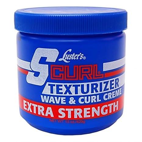A container of Luster's Scurl Texturizer Wave & Curl Crème Extra Strength hair product with a blue lid and red and white label.