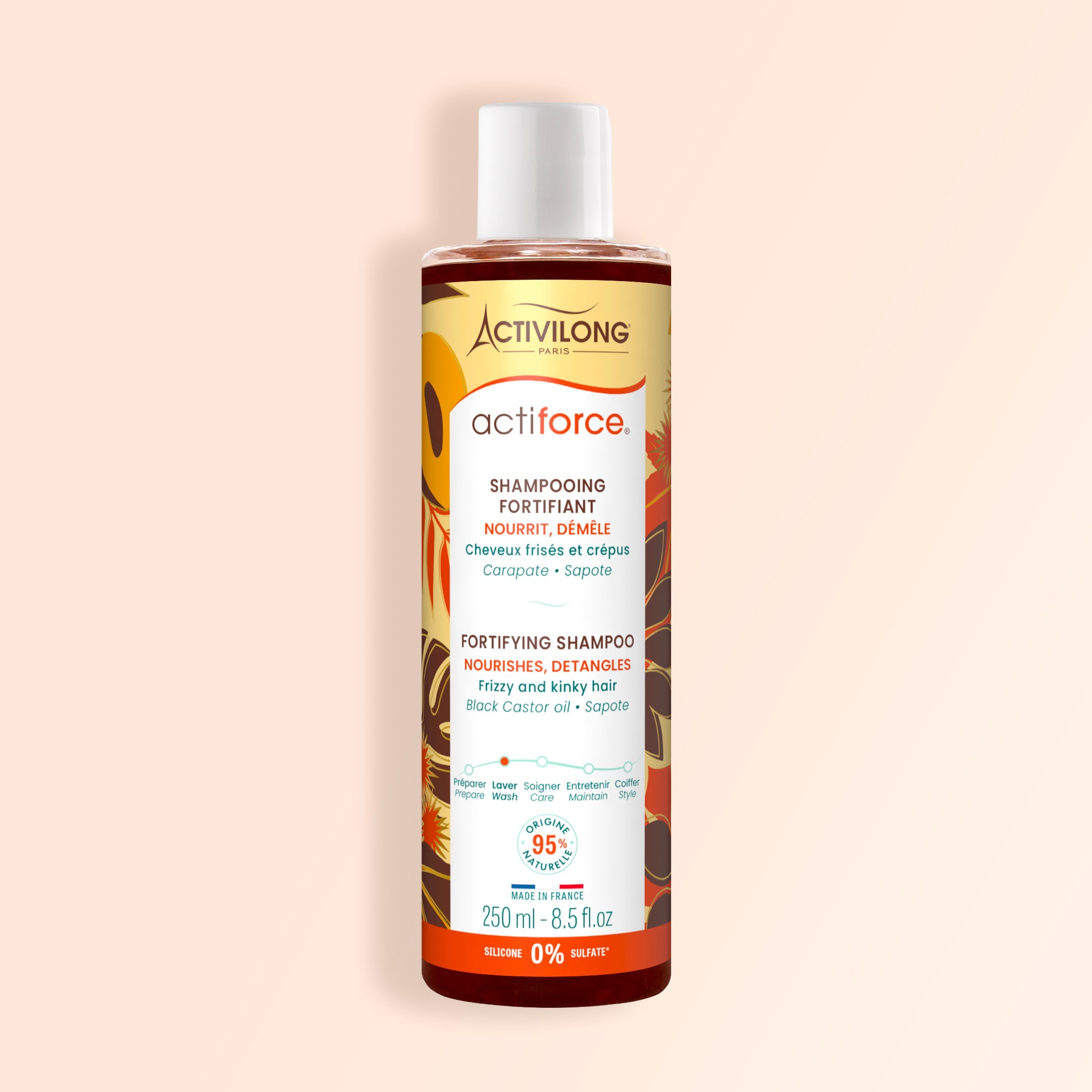 ACTIVILONG ACTIFORCE Fortifiant Shampoing 250ml bottle by ABS France Wholesale on a beige background