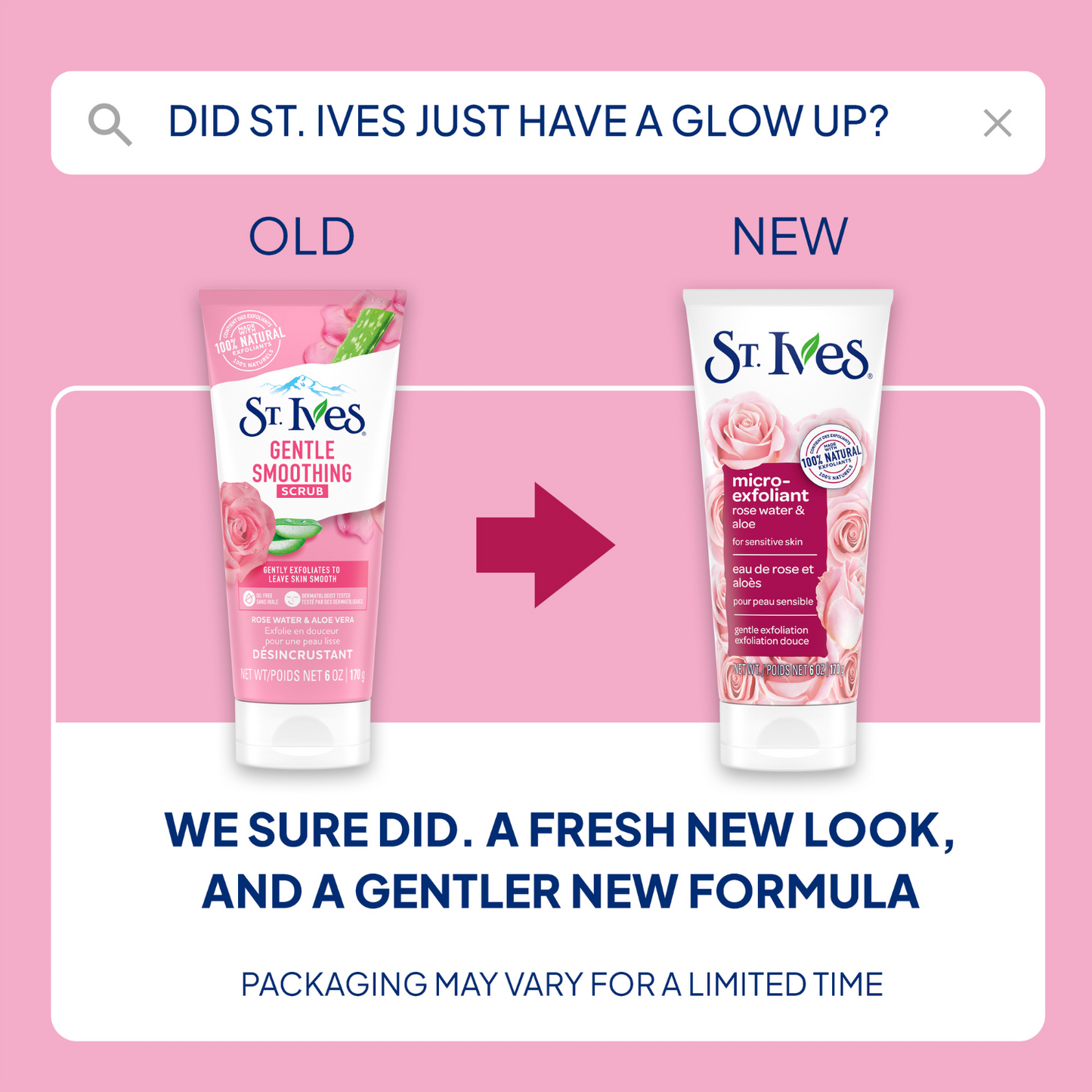 Comparison of old and new St. Ives Rose Water & Aloe Face Scrub Facial Micro-Exfoliant for Sensitive Skin  packaging - ABS France Wholesale