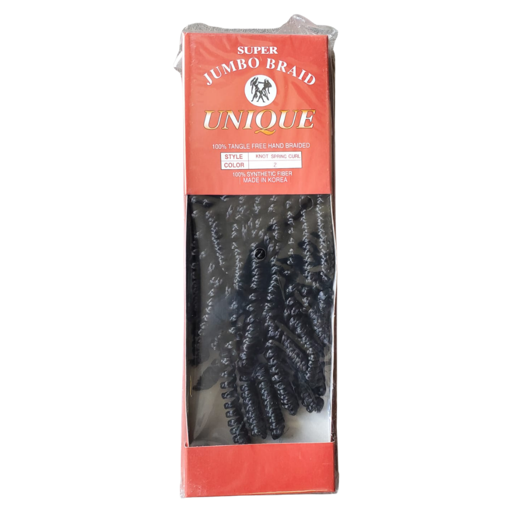 Packaged super  jumbo braid black hair product with red label on a white background